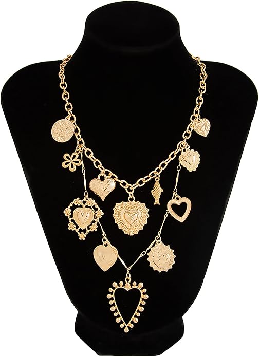 Gold Heart Chunky Charm Necklace for Women with Matching Bracelet, Healing Boho Jewelry Set, Italian Mirror-Polished Alloy, Spiritual Energy Pendant for Meditation, Growth & Inner Strength Gift