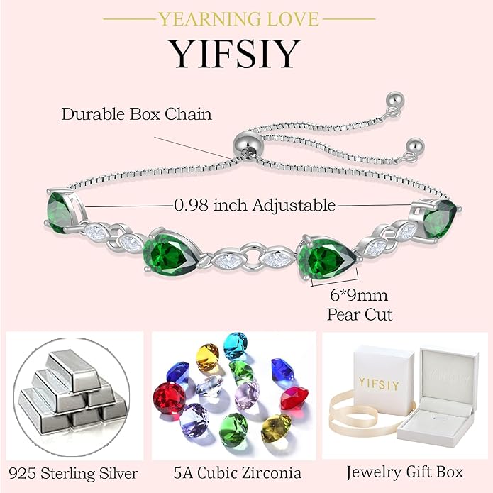 Teardrop Birthstone Bracelet for Women, S925 Sterling Silver Pear Cut Cubic Zirconia Bracelet Dainty Adjustable Chain Jewelry Gift for Her