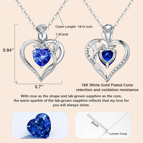 1.2CT Rose Heart Necklace Option of Moissanite or Lab-Grown Sapphire Ruby Emerald&More Necklace for Women Birthstone Girlfriend Necklace S925 Sterling Silver 18K White/Rose Gold Plated D Color VVS1 Gift for Wife Mother Daughter for Birthday Anniversary...