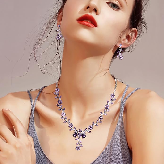 BriLove Women's Wedding Jewelry Leaf Cluster Flower Crystal Dangle Earrings Pendant Necklace Set for Bridal