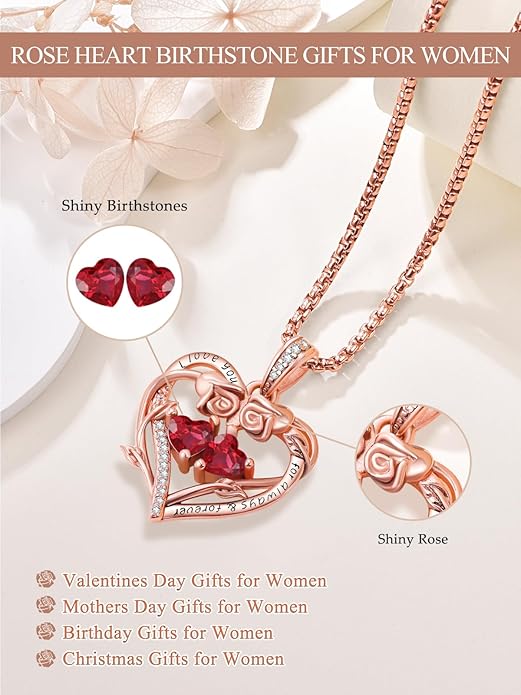 Rose Heart Necklaces for Women, Rose Gold Forever Love Jewelry with 2 Birthstones Pendant,Valentines Anniversarry Birthday Gifts for Her Wife Mom Grandma Daughter, 18+2 Inch Chain