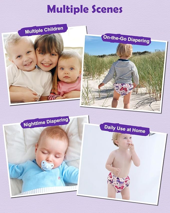 Babygoal Baby Cloth Diaper 6 Pack with 6pcs Inserts and Wet Bag for Fitted Diapers and Prefolds, Adjustable and Reusable Covers for Toddler Boys and Girls