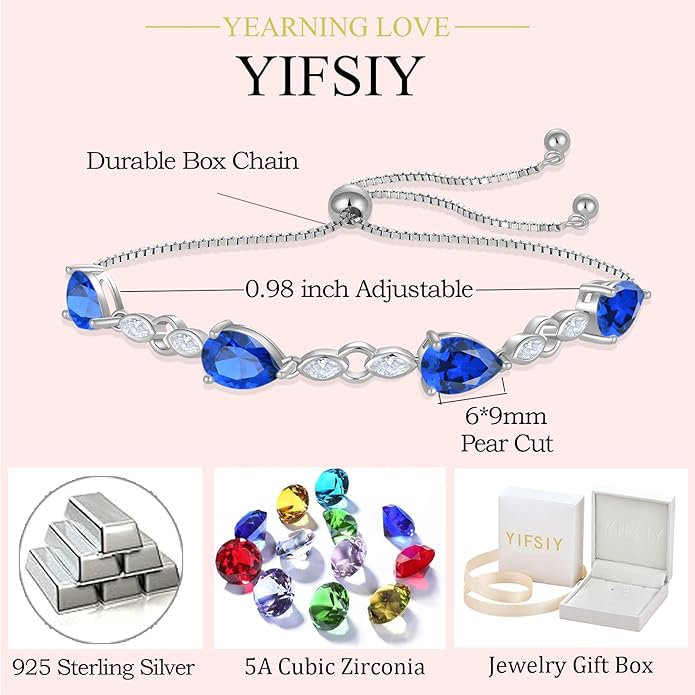 Teardrop Birthstone Bracelet for Women, S925 Sterling Silver Pear Cut Cubic Zirconia Bracelet Dainty Adjustable Chain Jewelry Gift for Her