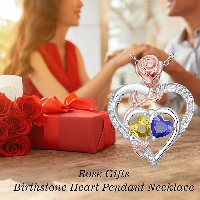 Rose Flower Heart Pendant for Women Birthday Gifts 18k Gold Plated Mother Daughter Necklace with 12 Months Birthstone Christmas Valentines Day Gifts for Her Mom Anniversarry Jewelry for Mom Wife Girlfriend