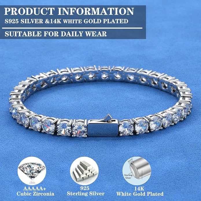 ITALIAN 5A LAB ZIRCONIA Tennis Bracelet for Men | 14K Gold Plated 925 Silver Bold Statement Jewelry | 3mm 4mm 5mm Width Options | Men's Diamond Bracelet, Gold & Rhinestone Tennis Bracelets Gift for Women & Men