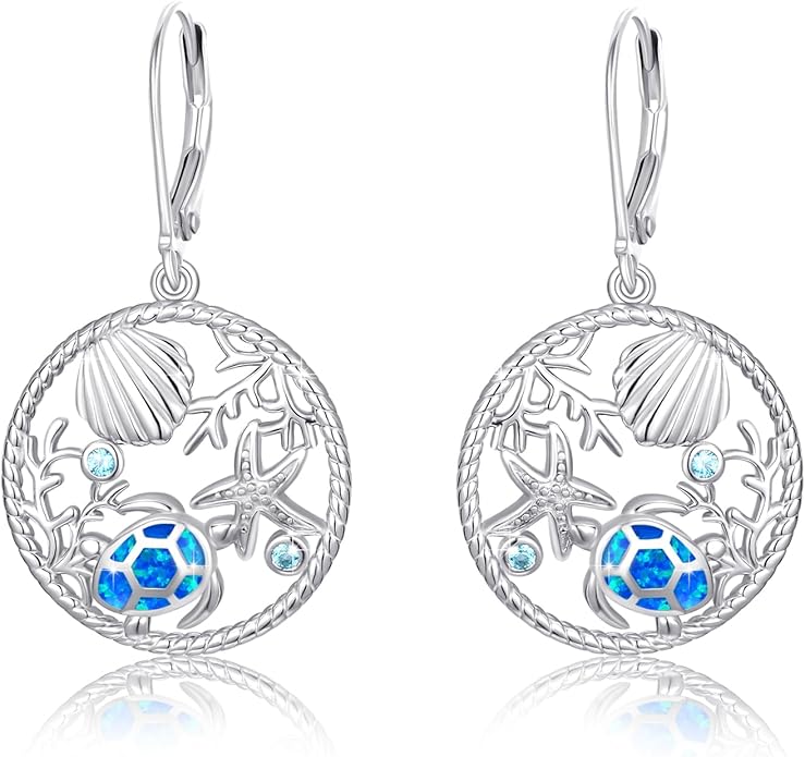 Turtle Earrings for Women S925 Sterling Silver Hawaii Blue Opal Sea Starfish Dangle Earring Tortoise Drop Animal Statement Ocean Summer Beach Vacation Jewelry Mothers Day Christmas Gift