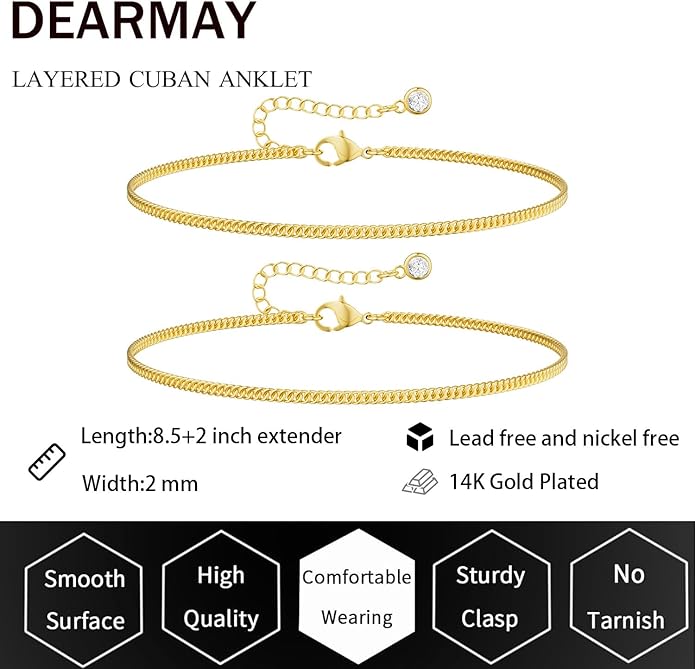 DEARMAY Dainty 14K Gold Plated Ankle Bracelets for Women, Waterproof 14K Gold Plated Link Chain Anklets Non Tarnish Set Pack Summer Beach Jewelry Gift