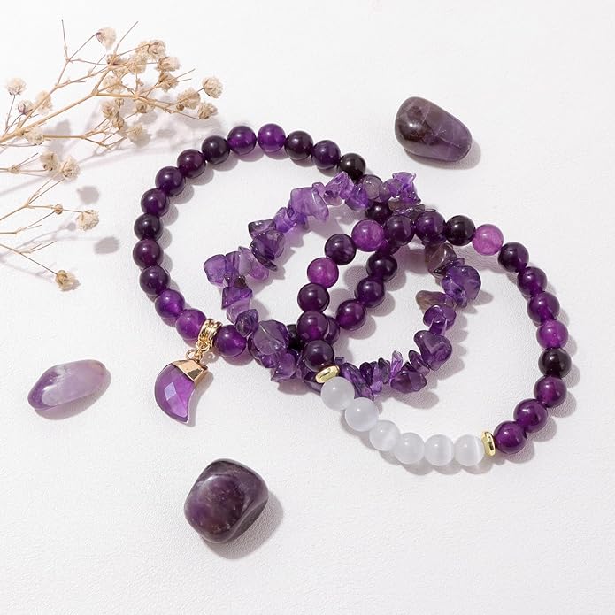 Healing Crystal Beaded Bracelets for Women,Natural Amethyst Gemstones Bracelet,Anxiety Stress Relief Heart Charm Bracelet Handmade purple Jewelry Gifts for Women
