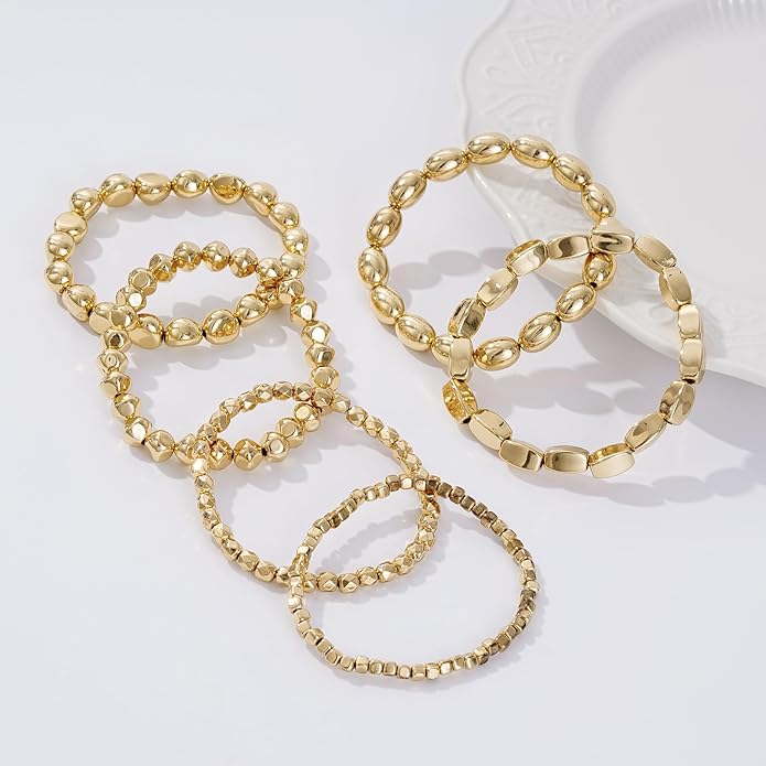 Gold Plated Beaded Bracelets for Women Trendy, 14K Gold Plated Stack Cross Pearl Gold Plated Bead Stretch Bracelets Set Elastic Hypoallergenic Bracelets Jewelry Gifts