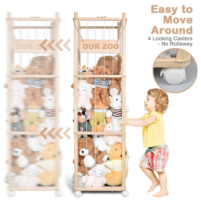Stuffed Animal Storage, Wood Stuffed Animal Zoo Storage with Brake Wheels, Space Save Toy Organizer, Large Capacity Stuffed Animal Holder, Perfect for Nursery Playroom Kidroom Bedroom-54.3 Inch
