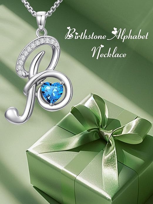 Valentines Day Gifts for Women Alphabet A to Z Initial Birthstone Pendant Necklaces for Women - 18k White Gold Plated Personalized Name Jewelry Valentine Mothers Day Birthday Gifts for Women Her Girlfriend
