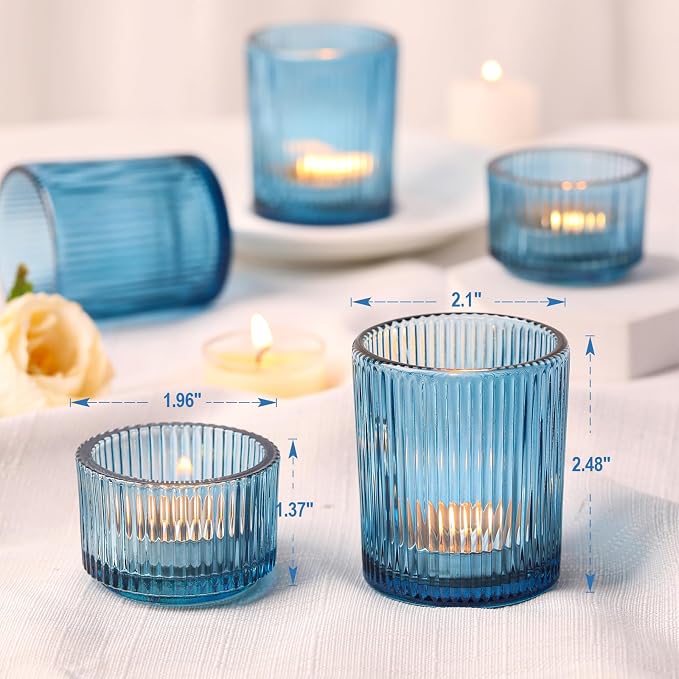 NITIME 10pcs Ribbed Blue Votive Candle Holders, Wedding Table Settings and - Image 2