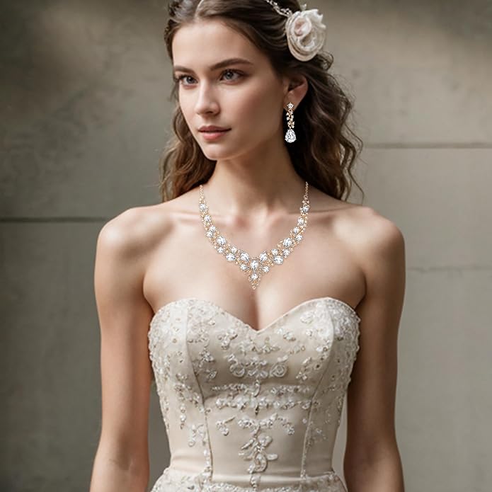 BriLove Women's Wedding Bridal Austrian Crystal Teardrop Cluster Statement Necklace Dangle Earrings Jewelry Set