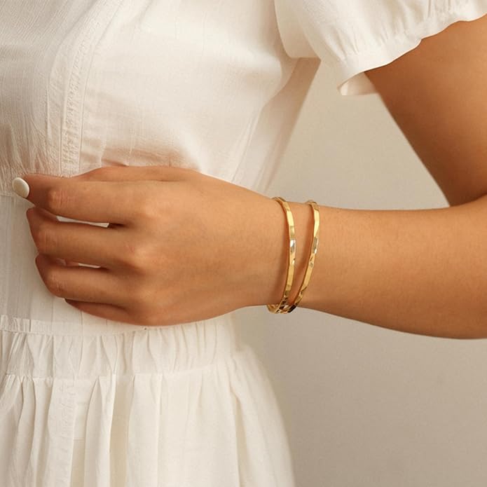 POTESSA 18K Gold Plated Cuff Bracelets Adjustable Dainty Bangle Handemade Jewelry for Women
