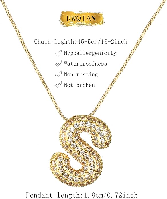 RWQIAN Letter Necklace for Women Bubble, Chunky Initial Alphabet A-Z Pendant Puffy Name Personalized Necklace Dainty Zircon CZ Fashion Jewelry Gifts for Girls Girlfriend