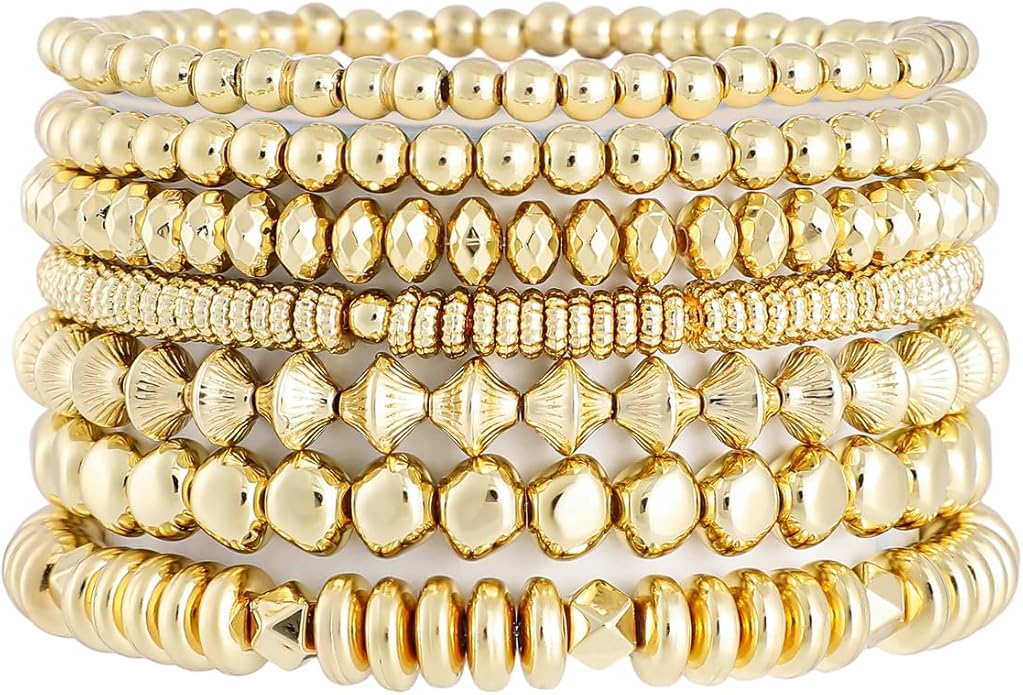 Gold Plated Beaded Bracelets for Women Trendy, 14K Gold Plated Stack Cross Pearl Gold Plated Bead Stretch Bracelets Set Elastic Hypoallergenic Bracelets Jewelry Gifts