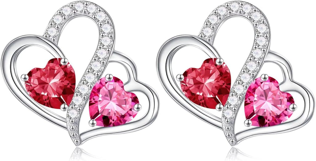 Iefil Valentines Day Gifts for Her - Birthstone Earrings Gift for Women, 925 Sterling Silver Double Heart Birthstone Earrings | Anniversary Birthday Gifts for Women, Personalized Jewelry for Wife Mom