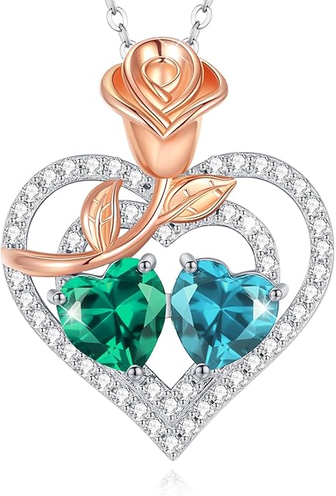 AGVANA Valentines Day Gifts Birthstone Necklace for Women Sterling Silver Rose Flower Heart Double Birthstone Jewelry Pendant Necklace Anniversary Birthday Gifts for Women Mom Wife Girlfriend Her