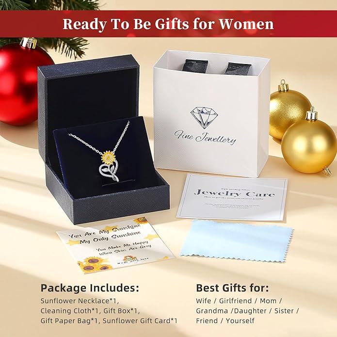 Valentine's Day Gifts for Her - 18K Gold Plated Sunflower Necklaces for Women Gifts for Wife Anniversary Birthday, 925 Sterling Silver Womens Jewelry You Are My Sunshine Gift for Wife Daughter