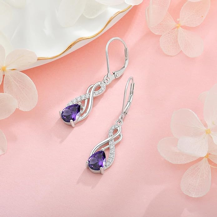 Infinity Love Birthstone Earrings for Women 925 Strling Silver 5A Cubic Zirconia Dangle Drop Leveback Earrings Jewelry Birthday Christmas Day Gifts for Her