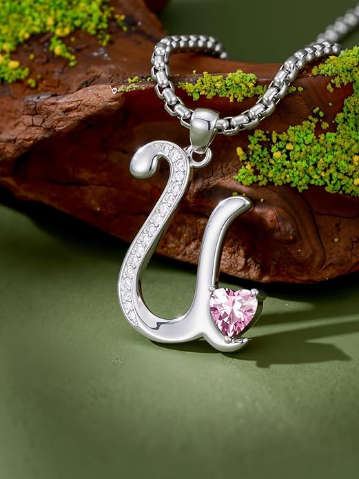 Valentines Day Gifts for Women Alphabet A to Z Initial Birthstone Pendant Necklaces for Women - 18k White Gold Plated Personalized Name Jewelry Valentine Mothers Day Birthday Gifts for Women Her Girlfriend