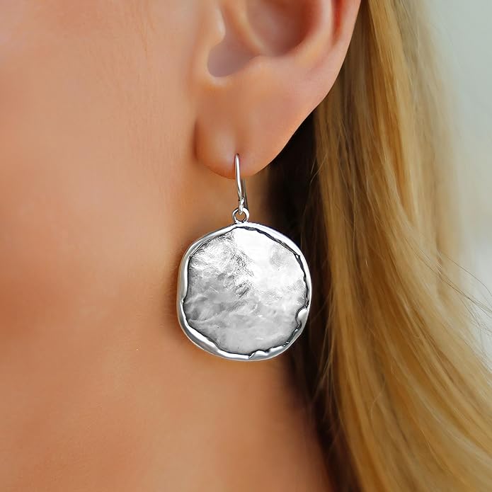 JEAN RACHEL JEWELRY Hammered Earrings for Women - 925 Sterling Silver Dangle Statement, Hypoallergenic, Lead & Nickel Free jewelry (Circle Earrings)