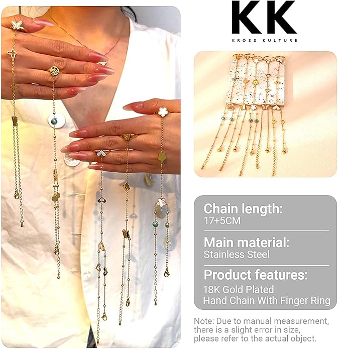 KROSS KULTURE 18K Gold Tree of Life Charm Hand Chain Finger Ring Bracelet with Turquoise Gemstones, Adjustable Dainty Waterproof Hypoallergenic Stainless Steel Fashion Jewelry Gift for Her