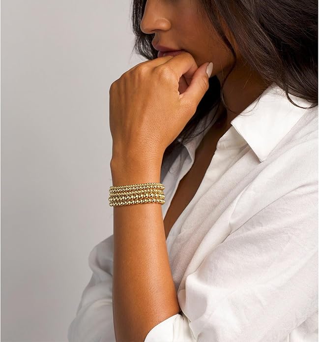 Valentines Day Gifts for Her Teen Wife Gold Beaded Bracelets for Women, 5 Pcs Dainty 14K Gold Plated Chunky Stretch Bead Ball Bracelet Stack