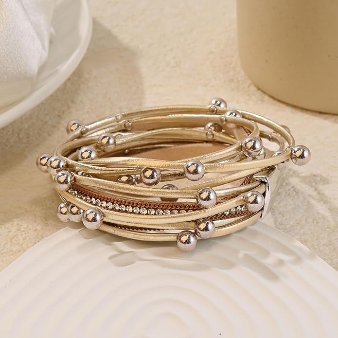 Wrapped Bracelets for Women,Leather Bracelet,Boho Bracelets for Women,Multi-Layer Pearl Crystal Bracelet Bangle Jewelry