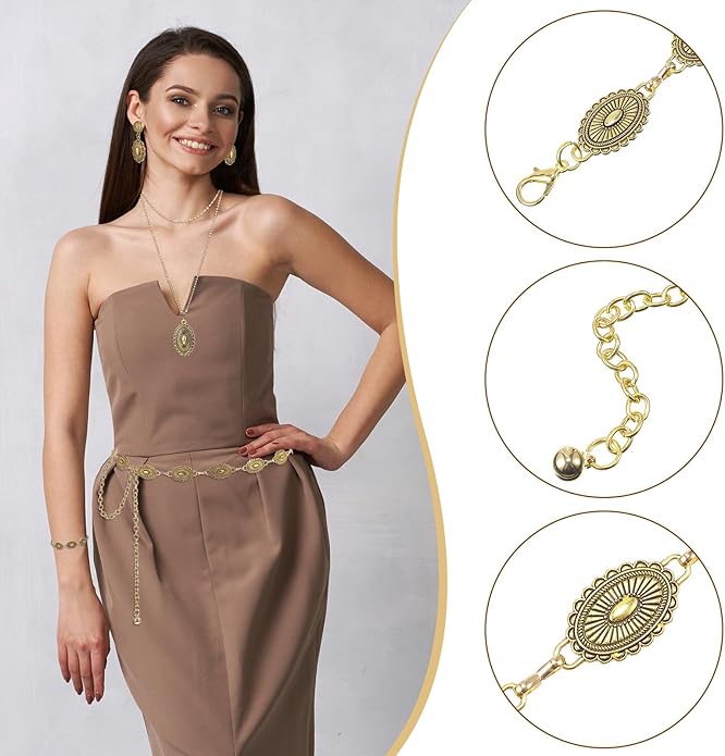 Haysandy 4 Pcs Turquoise Western Jewelry Sets for Women Bohemian Vintage Concho Necklace Classic Dangle Earrings Bracelet Belt