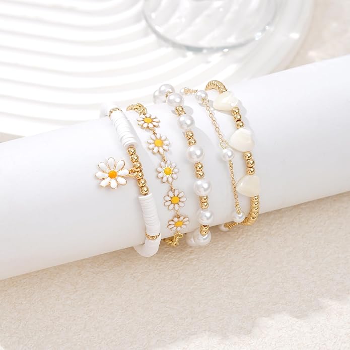 Heishi Beaded Stretch Bracelets for Women Stackable Polymer Clay Beads Bracelets Friendship Boho Summer Beach Bracelet Jewelry Set