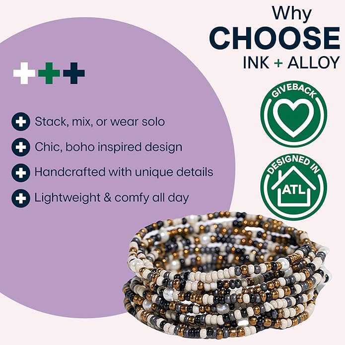 INK + ALLOY 10-Strand Stacking Beaded Bracelets for Women – Mixed Patterns Bracelet Stack - Adjustable Stretch Fit - Handmade Boho Bracelets for Women - Perfect for Any Occasion