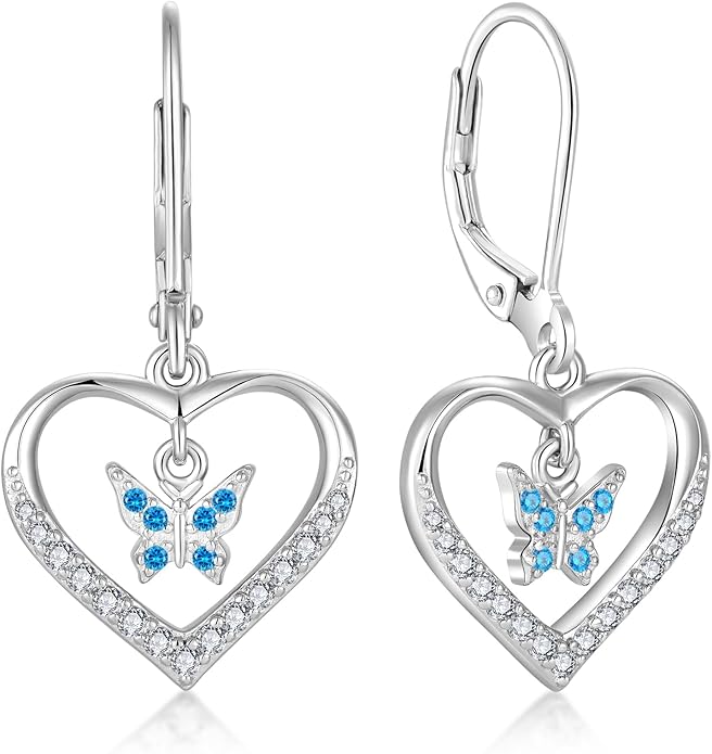 Butterfly Birthstone Heart Dangle Drop Earrings, 925 Strlings Silver 5A Cubic Zircon Leverback Earrings Jewelry Anniversary Birthday Gifts for Women