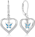 Butterfly Birthstone Heart Dangle Drop Earrings, 925 Strlings Silver 5A Cubic Zircon Leverback Earrings Jewelry Anniversary Birthday Gifts for Women