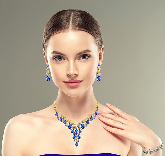 Wedding Bridal Bridesmaid Austrian Crystal Rhinestone Jewelry Sets Statement Choker Necklace Earrings Bracelets Sets for Wedding Party Prom