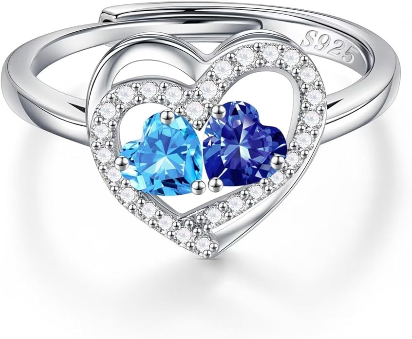 Iefil Adjustable Ring for Women - 925 Sterling Silver Double Birthstone Rings, Anniversary Birthday Gifts for Women Wife Her