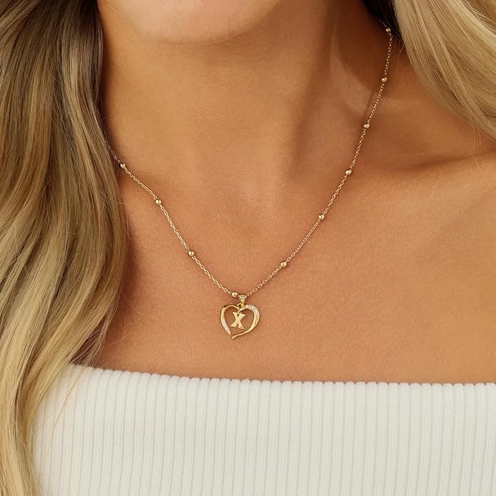 Cicy Bell Womens Heart Initial Necklace for Women 18k Gold Plated Shell Personalized Letter Pendant Necklace 17.7'' with 2'' Extender