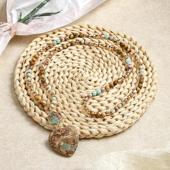 Yomisa Boho Necklaces for Women Men Long,33/34/35 Inch Natural Turquoise Tiger Eye Beaded Stone Pendant Necklaces for Women Trendy,Handmade Bohemian Western Bead Necklace Fashion Charm Jewelry Gift