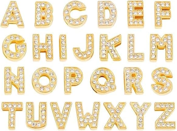 52 PCS A-Z Full Rhinestones Charms 8MM Slide Alphabet Crystal Letters for DIY Slide Wristbands Bracelets,Hair Clips,Jewelry Making Charms（52 PCS Gold 8mm）