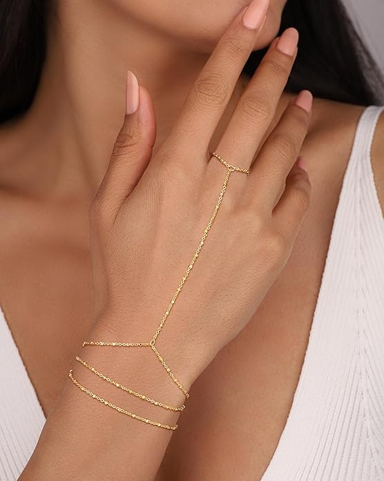 CHESKY 14K Gold Plated Hand Chain Bracelets for Women Set - Dainty Finger Ring Bracelet Stack Adjustable Hand Chains Durable Beaded Bracelets Trendy Simple Body Jewelry Gift for Women