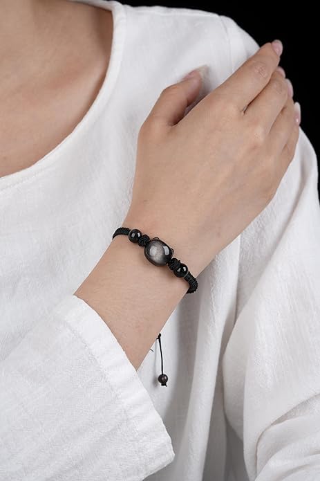Black Obsidian Cat Bracelet and Moon Pendant Necklace Jewelry Set-Cat Lover Gifts,Wealth Attraction,Good Luck,Bead Bracelet,Mindfulness,Beaded Bracelets, Obsidian Pendant Necklace-Cute Gifts for Women