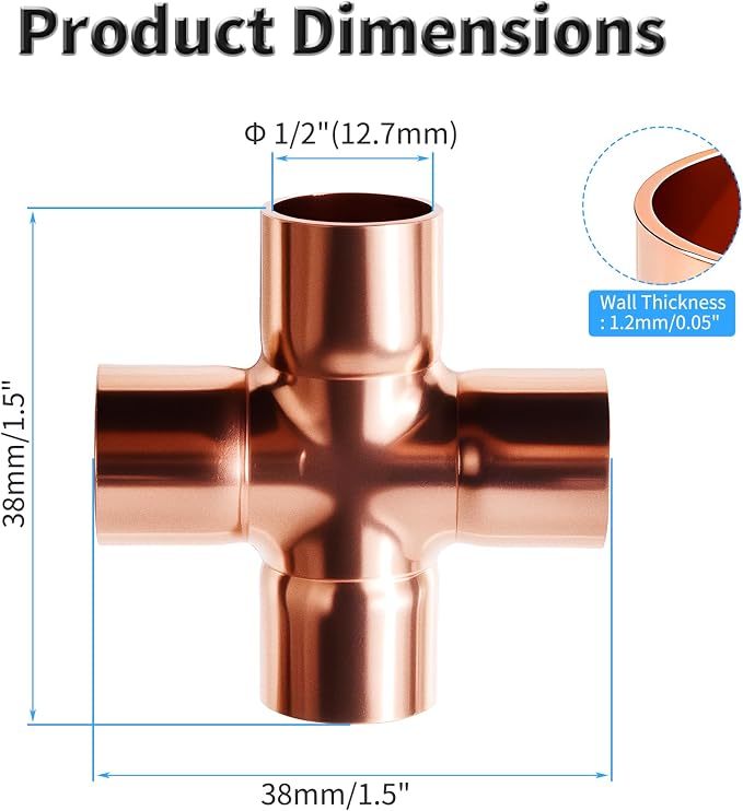 Union Cross Copper Fitting, 1/2 In, ID 12.7 mm, Wall 1.2 mm | Cupreous 4 Way - Image 2