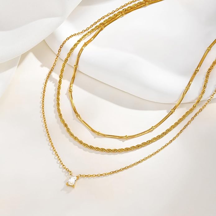 KSF Layered Gold Necklaces for Women - 18K Gold Plated 3PCS Dainty Simple Stackable Choker Necklace, Cubic Zirconia Pendant Necklace Trendy Jewelry Gift Set for Women
