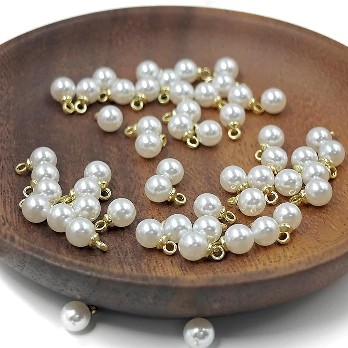100PCS Faux Pearl Alloy Pendants, Round Pearl Golden Alloy Pendant with Loop, Elegant Pendants Charms for Jewelry Making Bracelets Necklaces Earring Keychain DIY Craft Findings