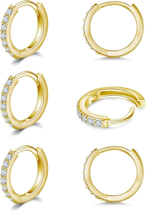 925 Sterling Silver Small Hoop Earrings Cubic Zirconia Huggie Hoop Earrings, 3 Pairs 14K White Gold Plated Cartilage Piercing Earrings Ear Cuff Tiny Hoop Earrings for Women Men