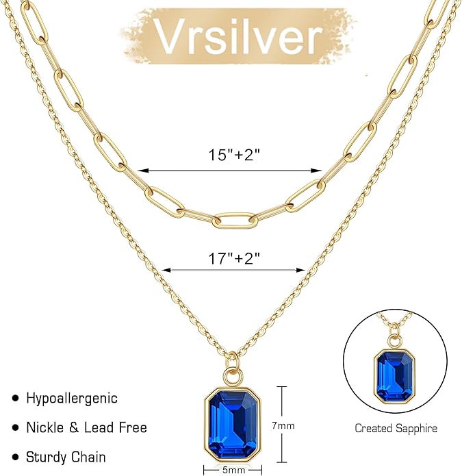 Layered Birthstone Necklace for Women Girls, 14K Gold-Plated Paperclip Chain Choker Necklace with Rectangle Birthstone Pendant Birthday Gifts for Women Girls Dainty Small