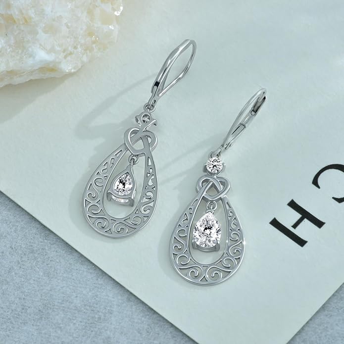 Teardrop Birthstone Dangle Drop Earrings Sterling Silver Infinity Filigree Leverback Earrings, Infinity Love Birthday Anniversary Valentines Day Gifts for Her Women Mom Wife