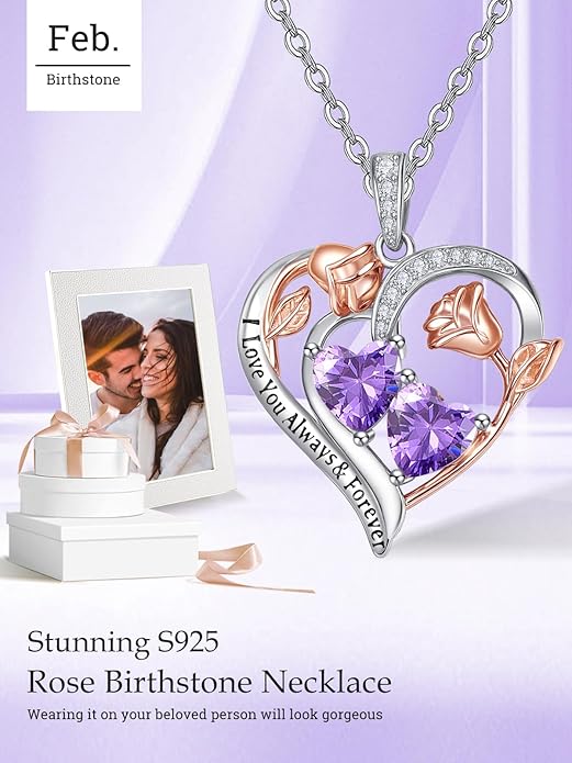 Valentine's Day Gifts for Wife 925 Sterling Silver Double Birthstone Pendant Necklaces I Love You for Always and Forever Necklace Anniversary Birthday Gifts for Wife Girlfriend Mom Her