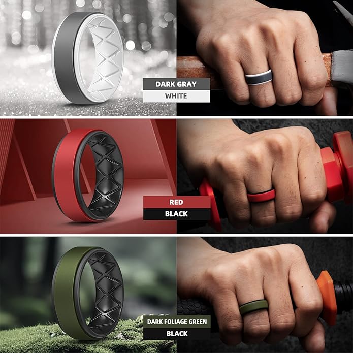 Egnaro Silicone Rings for Men 1/4/5/6/7 Multipack of Breathable Mens Silicone Rubber Wedding Rings Bands - Step Edge