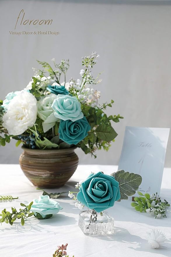 Artificial Flowers 50pcs Real Looking Teal Green Foam Fake Roses - Image 5